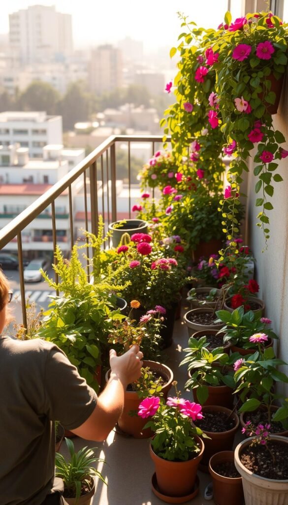 A balcony garden in the warm afternoon sunlight. In the foreground, a person kneeling down, tending to a lush assortment of potted plants - pruning, watering, and gently removing dead leaves. The middle ground showcases a variety of colorful blooms, from vibrant flowers to trailing vines cascading over the railing. In the background, the cityscape is visible, creating a harmonious contrast between the urban setting and the oasis of greenery. The scene exudes a sense of tranquility and care, with soft shadows and a golden glow illuminating the balcony's verdant tableau.