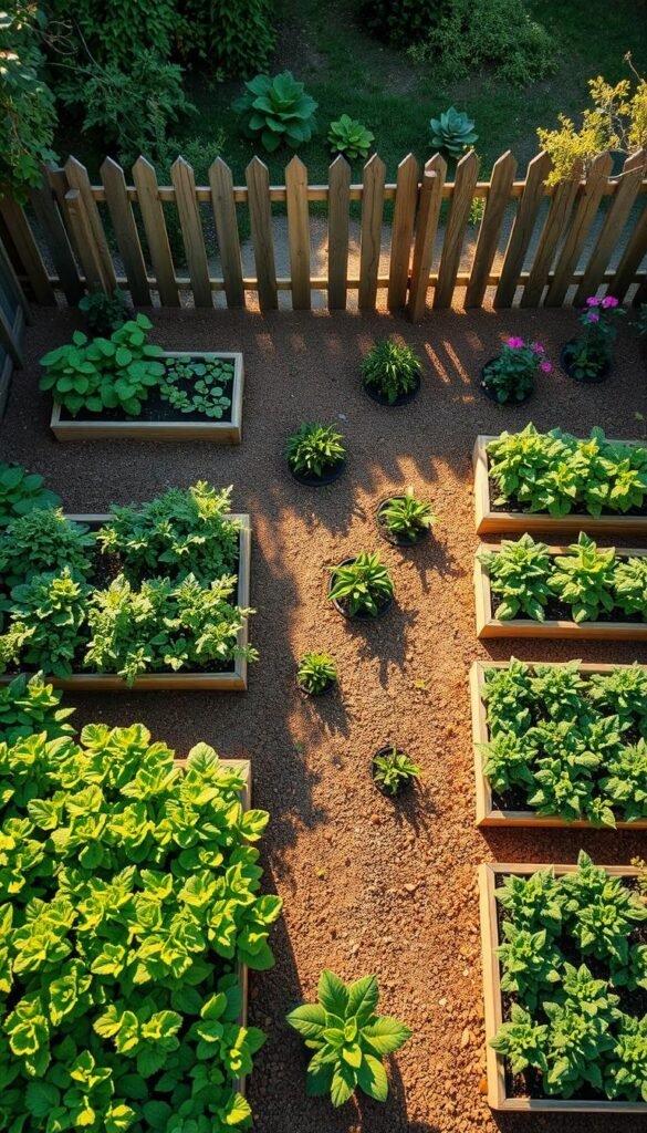 A bird's-eye view of a well-planned square foot garden layout, showcasing a meticulously organized arrangement of raised beds and pathways. The scene is illuminated by warm, natural lighting, casting soft shadows across the lush, verdant foliage. In the foreground, neatly partitioned raised beds filled with thriving vegetables and herbs create a sense of order and productivity. The middle ground features winding pathways flanked by vibrant flowers, inviting the viewer to explore the serene, thoughtfully designed space. In the background, a rustic wooden fence frames the scene, hinting at the tranquil, secluded nature of this carefully curated garden oasis.