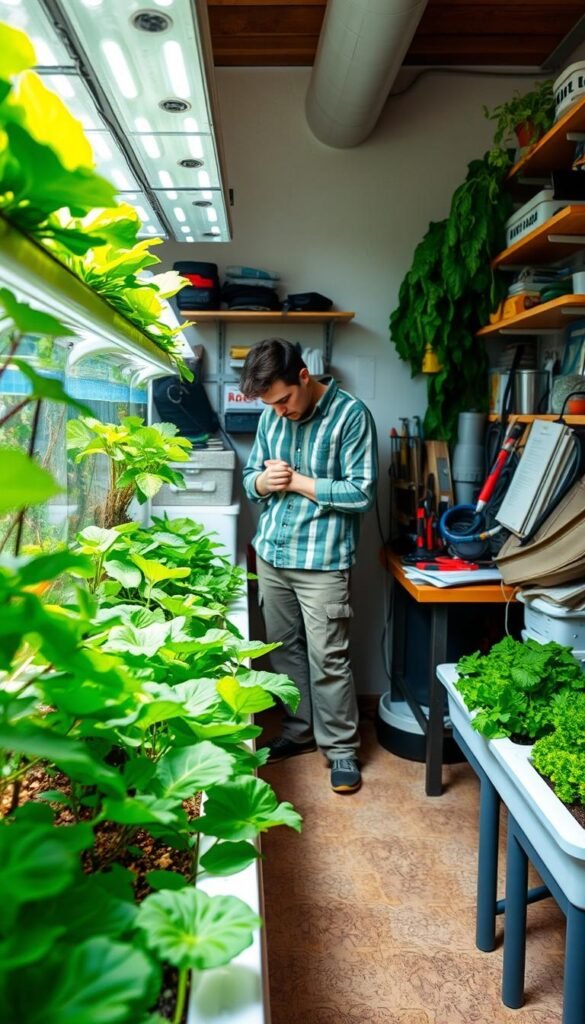 A bright, well-lit indoor aquaponics system with lush leafy greens, vibrant vegetables, and a healthy aquatic habitat in the foreground. In the middle ground, a person in a casual outfit examines the system, inspecting the water quality and plant growth. In the background, various tools, equipment, and reference materials are neatly arranged, suggesting a problem-solving and troubleshooting process. The scene conveys a sense of investigation, inquiry, and a thoughtful approach to addressing common aquaponics challenges.