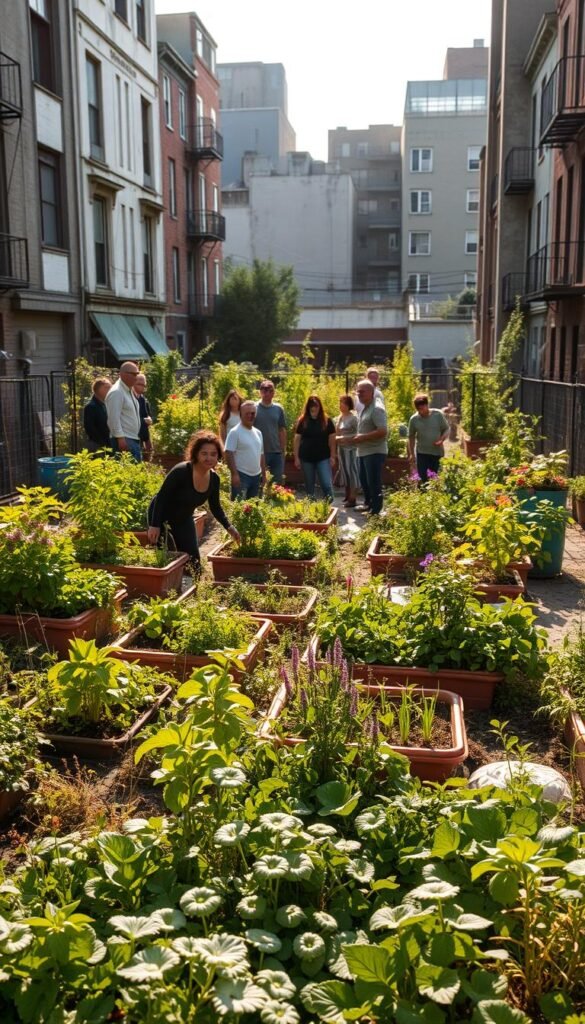 A bustling urban garden, lush with a variety of thriving plants, cascades across an abandoned city lot. In the foreground, diverse flora - vegetables, herbs, and flowers - sprout from raised beds and repurposed containers, showcasing the resilience and resourcefulness of the guerrilla gardening movement. The middle ground features a group of community members tending to their plots, their faces alight with pride and purpose. In the background, the weathered facades of surrounding buildings provide a stark contrast, highlighting the transformative power of this green oasis amidst the urban landscape. Warm, diffused sunlight filters through the canopy, casting a softly illuminated, hopeful atmosphere over the scene.