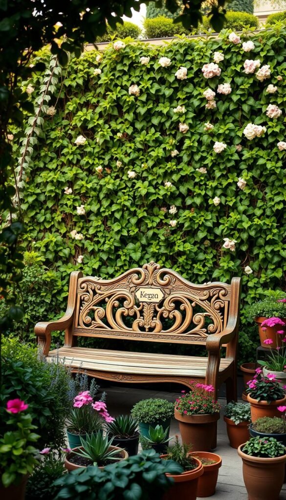 A cozy garden nook with a personalized wooden bench, surrounded by lush potted plants and trailing vines. The bench is meticulously crafted, with intricate carvings and a weathered finish that blends seamlessly with the natural environment. Soft, warm lighting filters through the foliage, creating a peaceful, inviting atmosphere. In the background, a verdant wall of trailing ivy and flowering shrubs adds depth and a sense of privacy, while the foreground features an array of vibrant, well-tended container gardens in various shapes and sizes. The overall scene evokes a tranquil, sanctuary-like oasis, perfectly suited for quiet contemplation or intimate moments amidst nature.