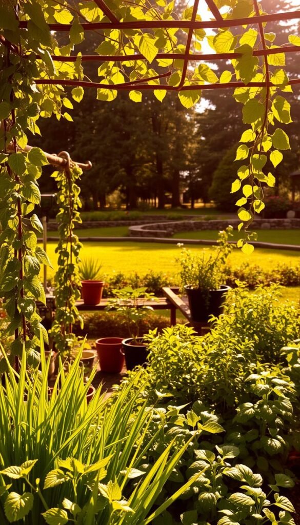 A cozy garden oasis bathed in warm, golden sunlight. In the foreground, lush, verdant plants stretch towards the sky, their leaves glistening with dew. A cleverly arranged trellis system supports climbing vines, creating a natural canopy that filters the sunlight, casting a soft, dappled glow over the scene. In the middle ground, a small potting bench sits nestled among thriving herbs and vegetables, their vibrant colors and healthy foliage a testament to their access to ample sunshine. The background is framed by the gentle curve of a low stone wall, with towering trees in the distance providing a sense of depth and tranquility. The overall atmosphere is one of serenity and abundance, a harmonious balance of natural elements that maximize the potential of this small, sun-drenched space.