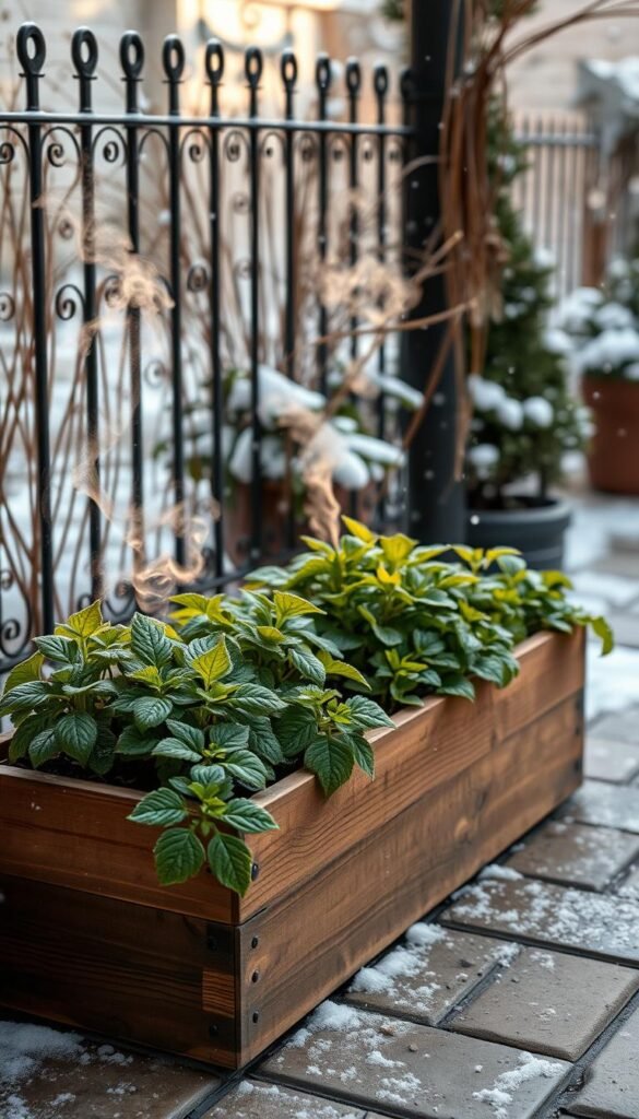 A cozy outdoor winter garden scene, with a wooden planter box filled with lush, cold-hardy foliage plants. The scene is bathed in soft, diffused natural light, capturing the delicate beauty of the plants against a backdrop of gently falling snow. The planter is situated on a stone patio, surrounded by a wrought-iron garden fence, conveying a sense of sheltered, protected cultivation. Wisps of steam rise from the soil, hinting at the insulating techniques used to maintain the plants' temperature and moisture levels. The overall mood is one of serene, resilient growth amidst the chill of winter.