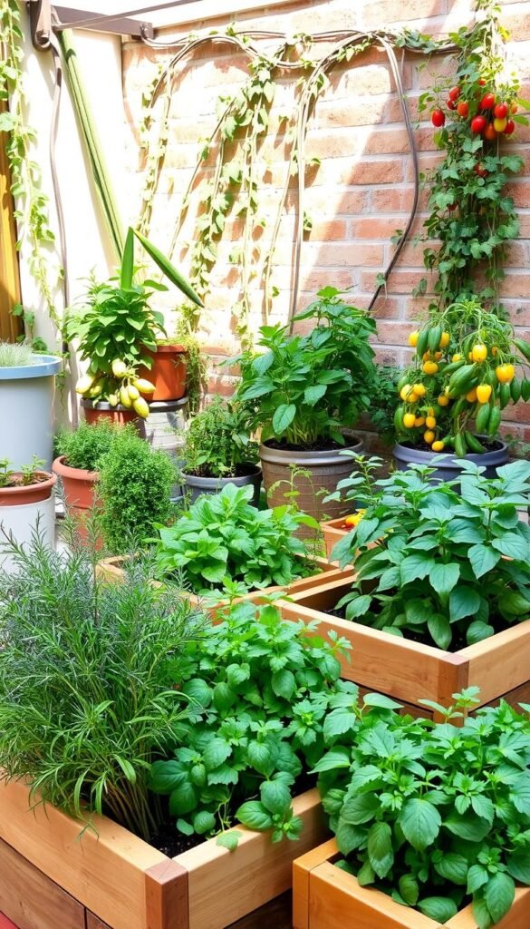 A cozy, sun-dappled patio filled with a lush, diverse container garden. In the foreground, raised wooden planters hold a vibrant display of herbs - fragrant rosemary, lush basil, and delicate parsley. In the middle ground, a variety of leafy greens and compact vegetable plants thrive - juicy tomatoes, crisp cucumbers, and colorful bell peppers. The background features a brick wall adorned with trailing vines, creating a warm, welcoming atmosphere. Soft, diffused natural lighting bathes the scene, casting gentle shadows and highlighting the textures of the plants. The overall composition conveys a sense of abundance, tranquility, and the joy of homegrown, sustainable gardening.