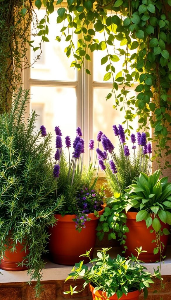 A cozy, sun-drenched window box overflowing with a thriving herb garden. In the foreground, lush, verdant foliage cascades from terracotta planters - fragrant rosemary, bushy thyme, and delicate chives. The middle ground features vibrant bursts of color from blooming lavender and trailing ivy, set against a backdrop of bright, airy windowpanes. Warm, diffused natural light filters in, casting a soft, golden glow and casting gentle shadows that accentuate the textural details of the plants. The overall composition evokes a sense of tranquility, vitality, and the nurturing embrace of a well-tended, space-efficient urban oasis.