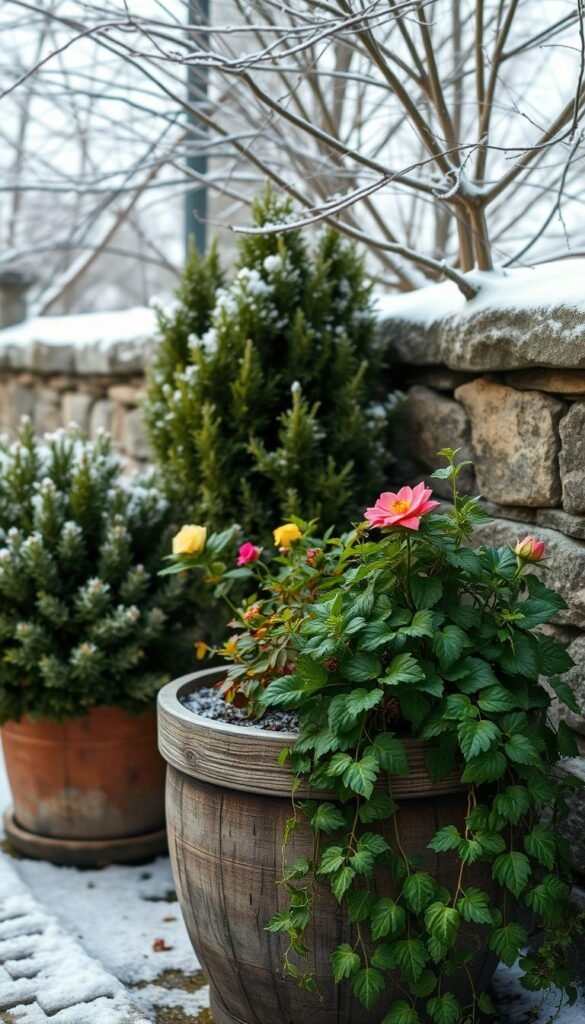 A cozy winter garden scene, with a variety of thriving potted plants set against a snow-dusted backdrop. In the foreground, a lush evergreen shrub and a vibrant flowering plant, their foliage and blooms providing pops of color. In the middle ground, a delicate trailing vine cascades over the edge of a weathered wooden planter. In the background, a frost-kissed stone wall and bare tree branches, creating a serene and tranquil atmosphere. Soft, diffused lighting illuminates the scene, casting gentle shadows and highlighting the textures of the plants and materials. The overall composition conveys the beauty and benefits of an inviting winter container garden.