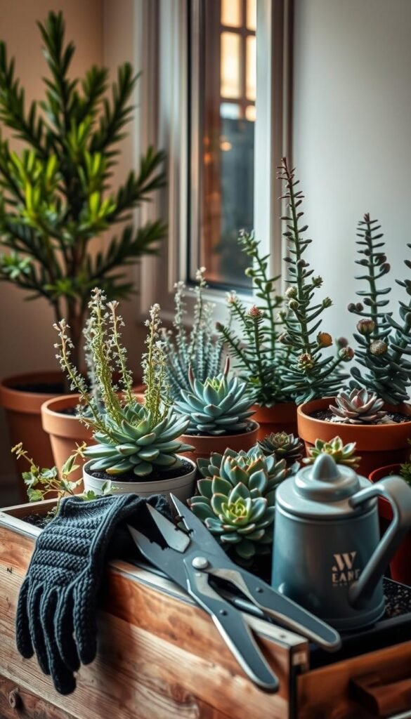 A cozy winter garden scene with potted plants and succulents against a soft, muted background. Warm lighting from a nearby window casts a gentle glow, highlighting the delicate textures of the foliage. In the foreground, a pair of gardening gloves, pruning shears, and a watering can rest on a wooden planter, conveying a sense of care and attention. The plants appear healthy and vibrant, their colors and shapes contrasting beautifully with the subdued tones of the environment. The overall atmosphere is one of tranquility and mindful gardening, perfectly encapsulating the essence of maintaining winter container plants.
