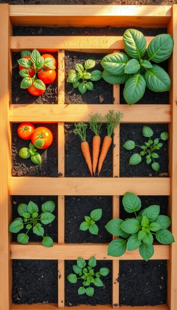 A crisp, top-down view of a classic square foot gardening bed layout, showcasing an efficient grid of 1-foot by 1-foot growing sections. The wooden frame, painted in a warm, earthy tone, contrasts with the rich, dark soil within each compartment. Vibrant, lush vegetables and herbs - tomatoes, carrots, lettuce, and basil - thrive in their designated spaces, bathed in soft, natural lighting that illuminates the scene. The overall composition highlights the methodical, space-saving design of this sustainable, no-dig gardening approach, inviting the viewer to envision the bountiful harvest to come.