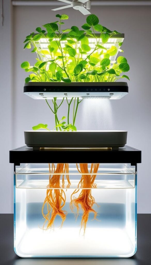 A cross-section diagram of a hydroponic and an aeroponic nutrient delivery system, illuminated by soft, natural lighting. In the foreground, a hydroponic setup features a transparent reservoir filled with nutrient-rich water, with plant roots suspended in the solution. In the middle ground, an aeroponic system showcases a mist-filled chamber where plant roots are periodically sprayed with a fine, nutrient-dense mist. The background depicts a clean, minimalist laboratory setting, highlighting the technical aspects of these advanced gardening techniques.