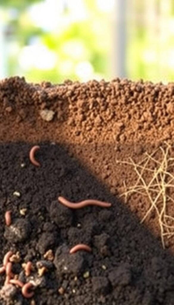 A cross-section of the no-dig method soil layers, illuminated by soft, natural lighting. In the foreground, a rich, dark topsoil teeming with organic matter and earthworms. The middle ground reveals a layer of well-decomposed compost, its earthy tones blending seamlessly. In the background, a deeper layer of nutrient-dense humus, its intricate web of root systems visible. The overall scene conveys the harmony and vitality of a thriving, low-disturbance gardening ecosystem, free from the disruption of traditional tilling.