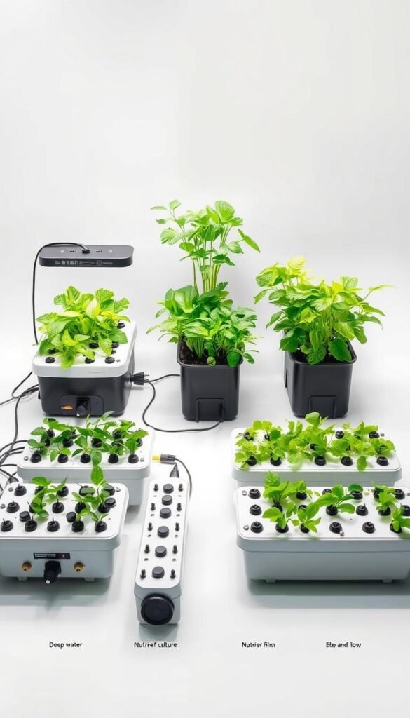 A detailed comparison of different hydroponic systems laid out in a clean, minimalist style. The foreground showcases a variety of hydroponic setups - deep water culture, nutrient film technique, ebb and flow - each with their key components highlighted. The middle ground features a selection of thriving indoor plants, their lush foliage illuminated by soft, natural lighting. The background is a simple, white backdrop, allowing the systems and plants to take center stage. The overall mood is informative and practical, inviting the viewer to envision how these systems could work in their own indoor gardening space.