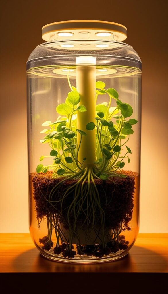 A detailed cross-section diagram of a hydroponic nutrient reservoir for plant growth. The reservoir is filled with a nutrient-rich water solution, with a central tubular structure to house the plant's roots. The reservoir is encased in a transparent container, allowing the growth medium to be visible. Warm, diffused lighting illuminates the scene, casting soft shadows and highlighting the lush, verdant roots sprawling within the solution. The overall composition emphasizes the intricate and delicate nature of the hydroponic system, showcasing its role in supporting vibrant, healthy plant life.