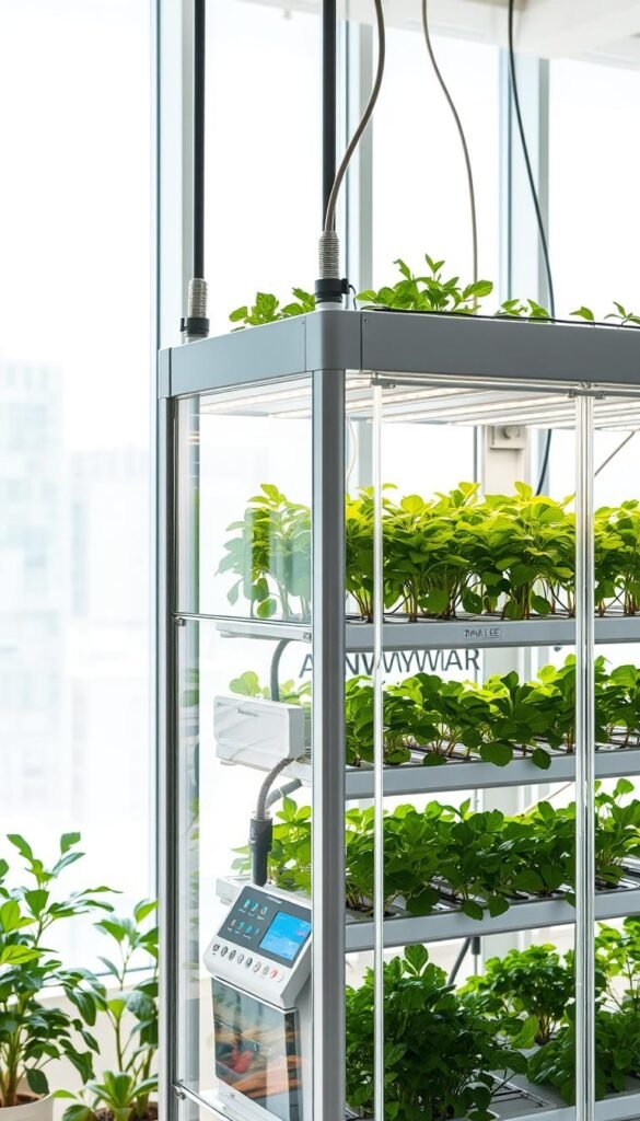 A detailed hydroponics system against a bright, airy backdrop. A glass-enclosed growing chamber in the foreground, its shelves brimming with lush, verdant plants. Intricate networks of tubing and LED grow lights facilitate nutrient delivery and optimal lighting. The middle ground showcases a control panel with intuitive digital displays, allowing precise management of environmental conditions. In the background, a wall of windows floods the space with natural daylight, highlighting the technical sophistication and organic harmony of this indoor gardening setup. Crisp, clean lines and a minimalist aesthetic convey the efficiency and elegance of modern hydroponic cultivation.