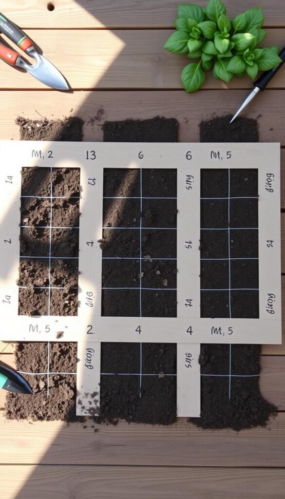 A detailed, neatly organized square foot gardening grid laid out on a wooden surface. The grid features clearly delineated square foot sections, with a neutral, earthy color palette and natural lighting that casts subtle shadows, creating depth and dimension. The grid is complemented by gardening tools, such as trowels and pruning shears, strategically placed around the edges, hinting at the practical application of this layout. The overall mood is one of simplicity, organization, and the anticipation of a bountiful, well-planned vegetable or herb garden.