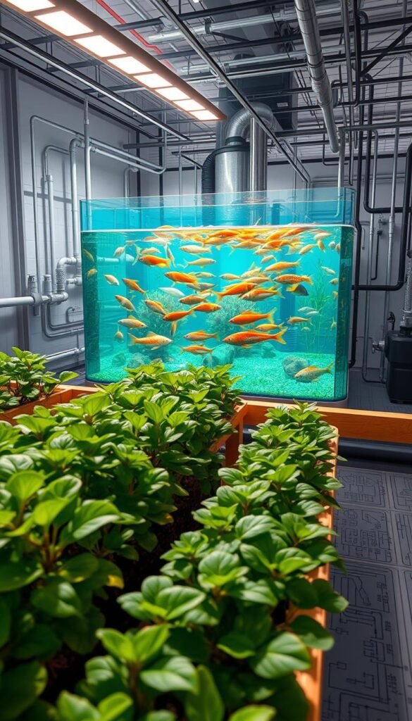 A detailed technical blueprint of an aquaponic system design, seen from a high-angle perspective. In the foreground, a carefully constructed grow bed filled with lush, verdant plants, their leaves gently swaying. In the middle ground, a large fish tank teeming with vibrant, healthy aquatic life, the water's surface glistening under warm, directional lighting. In the background, a complex network of pipes, pumps, and filtration systems, all seamlessly integrated to create a self-sustaining, harmonious ecosystem. The overall scene conveys a sense of balance, efficiency, and environmental stewardship, perfectly capturing the essence of "Designing Your Aquaponics System".