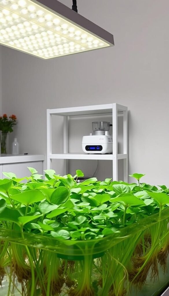 A hydroponic garden setup without soil, showcasing a sleek and modern design. In the foreground, various thriving plants float in a transparent water-filled container, their roots suspended in the nutrient-rich liquid. Overhead, a set of LED grow lights bathe the scene in a warm, natural glow, illuminating the lush green foliage. In the middle ground, a minimalist white shelving unit displays the hydroponic system's components, including a water pump and a digital control panel. The background features a clean, minimalist wall, emphasizing the simplicity and efficiency of this soil-free gardening approach. The overall atmosphere exudes a sense of serenity and urban sophistication, perfectly capturing the essence of a beginner's hydroponic garden.