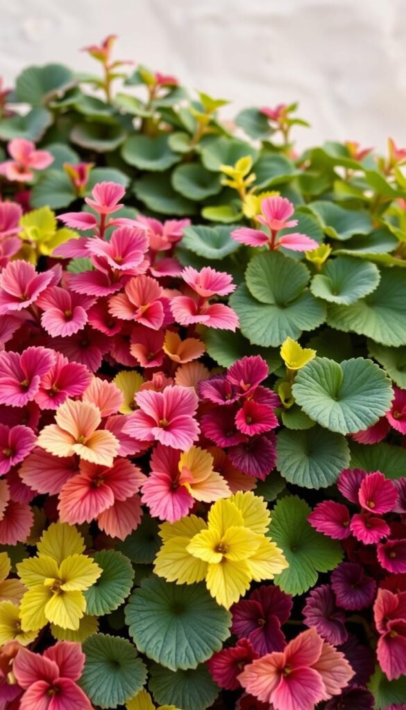 A lush, close-up arrangement of coral bells and bergenia foliage, backlit by soft, diffused lighting. The delicate, scalloped leaves of the coral bells (Heuchera) in shades of pink, burgundy, and chartreuse create a layered, textural foreground. The broad, rounded leaves of the bergenia (Bergenia) in deep green hues form a harmonious middle ground, complementing the coral bells. The scene is set against a softly blurred, neutral background, allowing the vibrant colors and intricate patterns of the foliage to take center stage. The image conveys a sense of serene, elegant beauty, capturing the alluring qualities of these cold-hardy perennials.