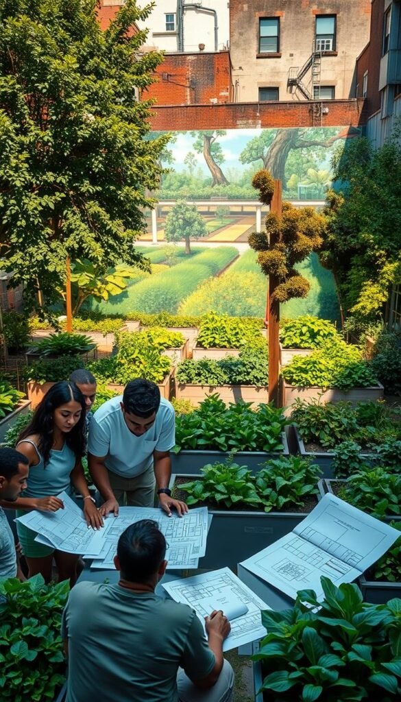 A lush community garden in the heart of an urban landscape, meticulously planned and designed. In the foreground, a group of diverse individuals gather around a table, poring over blueprints and sketches, their expressions focused as they collaborate on the layout and planting schemes. The middle ground features raised garden beds, filled with vibrant greenery and flourishing vegetables, suggesting the fruits of their labor. In the background, a mural adorns the wall of an adjacent building, depicting a verdant oasis amidst the concrete jungle. Warm, natural lighting filters through the scene, casting a serene and hopeful atmosphere, inspiring a sense of community and civic engagement.
