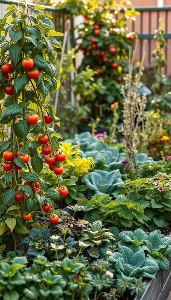 A lush, compact garden with a variety of high-yield plants thriving in a small, sun-dappled space. In the foreground, vibrant leafy greens and trailing vines spill out of raised garden beds. Compact tomato plants laden with ripe fruit stand tall, while fragrant herbs and edible flowers fill in the spaces between. The middle ground features a mix of bushy kale, swiss chard, and dwarf fruit trees, all arranged in an organized, space-saving layout. The background is softly blurred, suggesting a cozy, urban oasis with a touch of natural charm. Warm, golden light filters through, casting a serene, inviting atmosphere.
