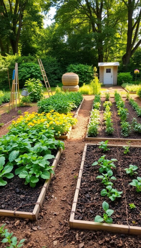 A lush garden scene, showcasing the contrast between no-dig and traditional gardening methods. In the foreground, neat square foot beds filled with thriving vegetables, herbs, and flowers. The no-dig beds have a rich, dark mulch covering the soil, while the traditional beds display freshly turned, earthy soil. In the middle ground, a well-tended compost pile and a small shed. Sunlight filters through the canopy of trees in the background, casting a warm, natural glow over the entire scene. The composition emphasizes the orderly layout and the careful attention to soil health in both gardening approaches. Subtle details like hand tools and watering cans suggest the hands-on nature of this endeavor. An inviting, harmonious atmosphere that showcases the benefits of each method.