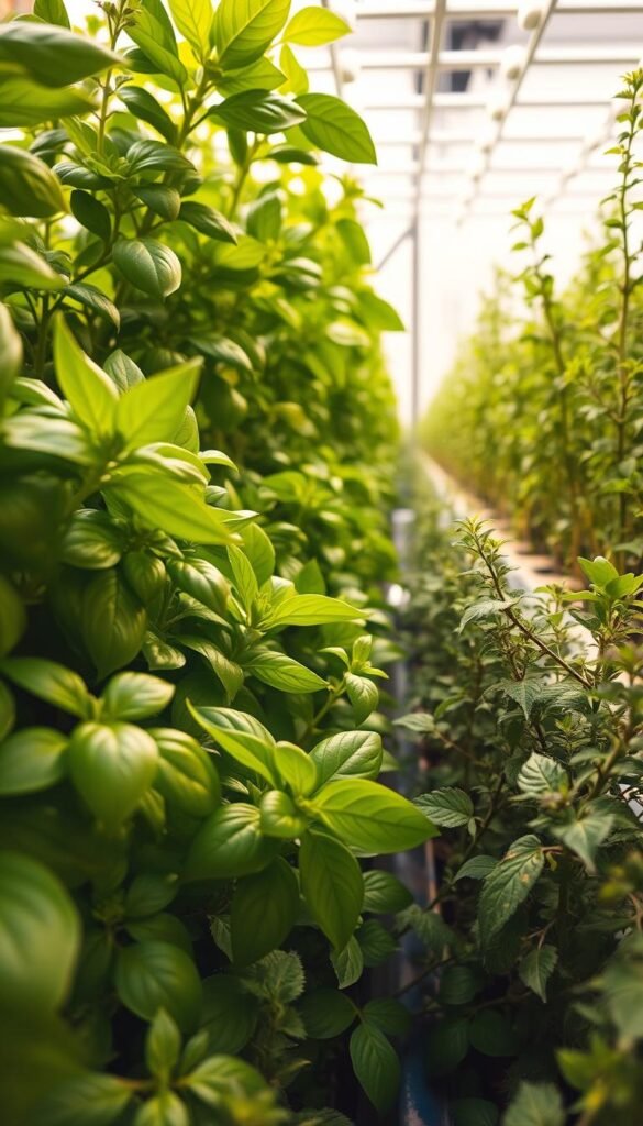 A lush, hydroponic garden filled with vibrant basil and oregano plants. The foreground showcases the herbs' glossy, verdant leaves, gently swaying under the warm, diffused lighting. The middle ground features the intricate, intertwined stems and branches, highlighting the plants' natural elegance. In the background, a sleek, minimalist hydroponic system provides the perfect environment for these flavorful herbs to thrive, with a clean, angular design that complements the organic shapes of the foliage. The overall scene radiates a sense of harmony, balance, and the beauty of cultivating fresh, homegrown ingredients.