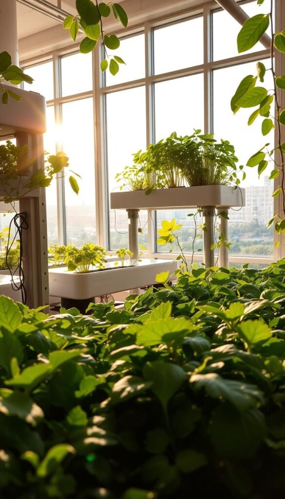 A lush, meticulously designed hydroponic gardening system, bathed in warm, natural lighting that filters through large windows. The foreground showcases a variety of thriving leafy greens and herbs, their verdant foliage gently swaying. The middle ground features a modular hydroponic setup, with clean, minimalist lines and high-tech components like LED grow lights and nutrient-rich water circulation. In the background, a serene, urban garden landscape, hinting at the potential for sustainable food production even in limited spaces. The overall scene conveys a sense of tranquility, efficiency, and the rewarding simplicity of hydroponic gardening.