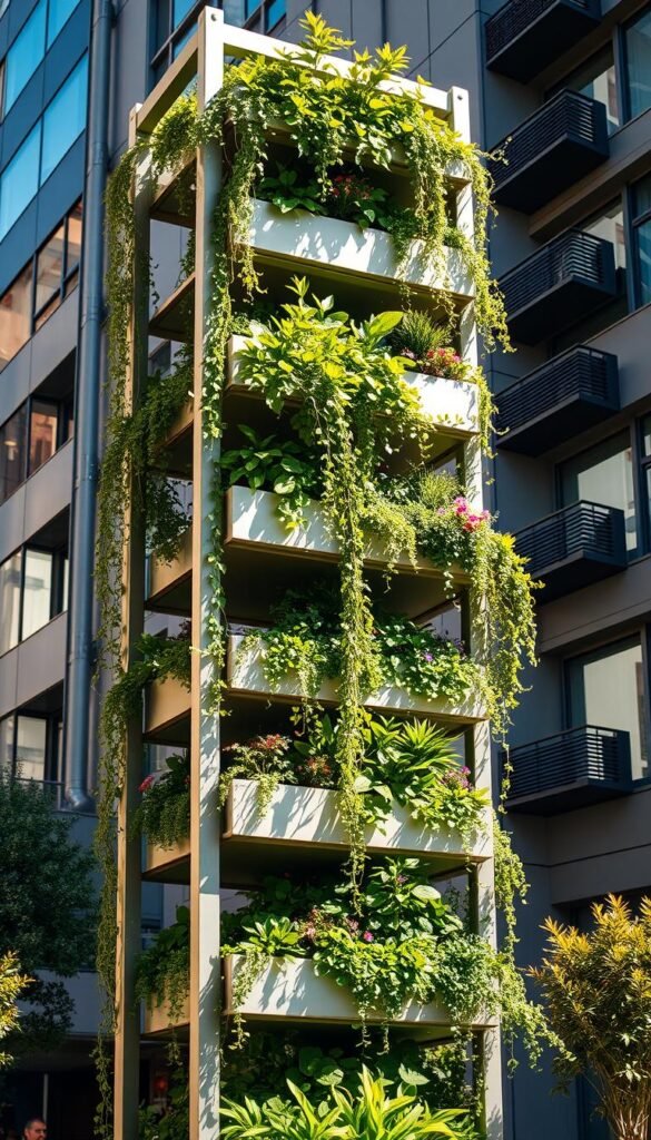A lush, multi-tiered vertical garden structure stands proudly in a sun-dappled urban setting. Sleek, modern planters cascade down the metallic frame, bursting with a vibrant mix of cascading vines, leafy greens, and colorful flowers. The structure's clean lines and stylish design blend seamlessly with the surrounding architecture, creating a harmonious and visually striking composition. Warm, directional lighting accentuates the dynamic textures and shapes, casting dramatic shadows that add depth and dimension. The overall scene conveys a sense of urban oasis, where limited space has been transformed into a thriving, space-efficient garden.