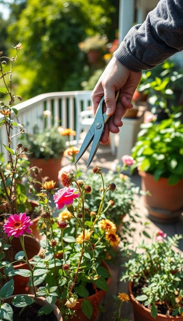 A lush outdoor garden setting, with a focus on a gardener's hands carefully pruning and deadheading various flowering plants. The foreground features close-up details of pruning shears, snipping off spent blooms and trimming back foliage. The middle ground showcases a variety of potted plants, from trailing vines to bushy shrubs, all in need of seasonal maintenance. The background depicts a sun-dappled patio or balcony, with hints of verdant greenery and warm, natural lighting illuminating the scene. The overall atmosphere conveys a sense of peaceful, mindful gardening practices, with an emphasis on the importance of proper pruning and deadheading techniques for potted plants and containers.