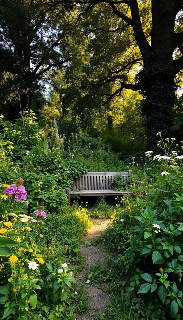 A lush, overgrown garden in a state of delightful chaos. In the foreground, thick foliage of wildflowers, vines, and untamed shrubs spill across the path, inviting a sense of unbridled nature. The middle ground features a weathered wooden bench, partially obscured by the abundant greenery, evoking a scene of tranquil neglect. Dappled sunlight filters through the canopy above, casting a warm, golden glow that highlights the vibrant colors and textures of the untamed plants. In the background, the shadowy silhouettes of towering trees frame the scene, adding depth and a sense of enclosure, as if the garden exists in its own secluded world. An atmosphere of peaceful abandonment pervades the image, conveying the beauty and charm of a chaos garden.