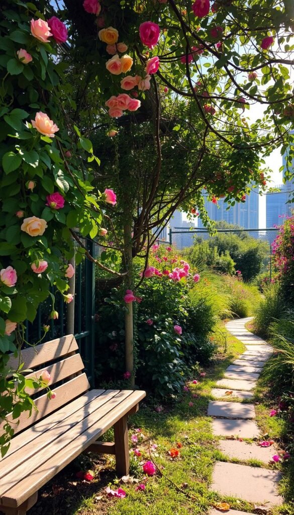 A lush, overgrown garden in the heart of the city. Vibrant wildflowers, tangled vines, and haphazardly placed foliage create a captivating sense of untamed beauty. Sunlight filters through the canopy, casting a warm, golden glow that accentuates the garden's wild charm. In the foreground, a weathered wooden bench is partially obscured by a cascade of climbing roses, blurring the line between the cultivated and the uncultivated. The middle ground features a meandering path, its edges softened by a profusion of verdant leaves and delicate petals. In the background, the silhouettes of towering buildings hint at the urban setting, underscoring the contrast between the ordered and the chaotic. The overall atmosphere exudes a sense of tranquility and a celebration of nature's untamed, whimsical spirit.
