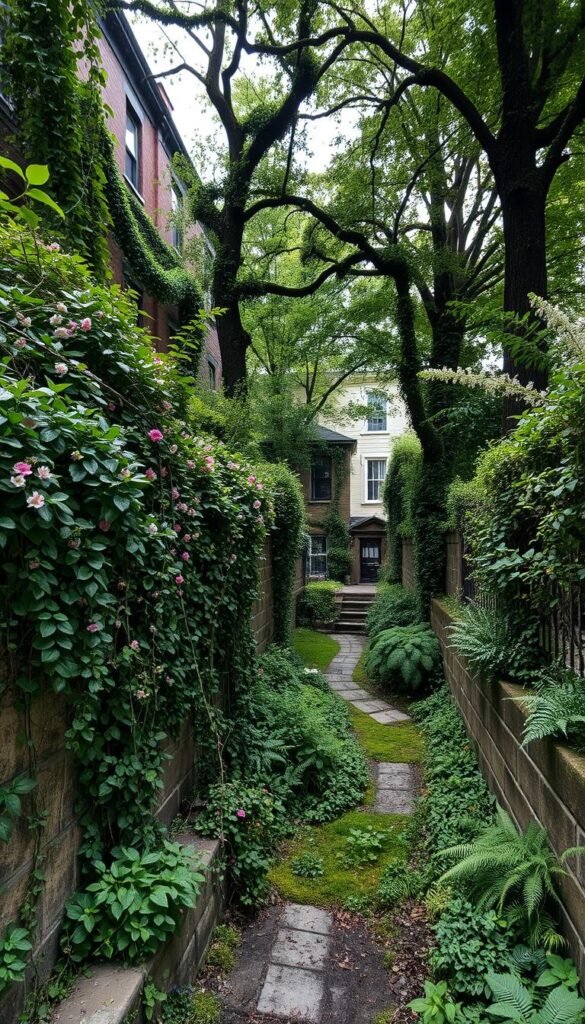 A lush, overgrown urban garden bursting with vibrant, untamed foliage. In the foreground, a tangled maze of wildflowers, ivy, and trailing vines spills over a weathered stone wall. Beyond, a canopy of towering trees filters dappled sunlight onto a verdant carpet of moss and ferns. Glimpses of a brick townhouse and a winding cobblestone path add to the sense of an enchanted, hidden oasis amidst the bustling city. The scene has a muted, dreamlike quality, conveying a harmonious coexistence of nature and the built environment. Shot with a wide-angle lens to capture the full depth and scale of this wild, idyllic haven.