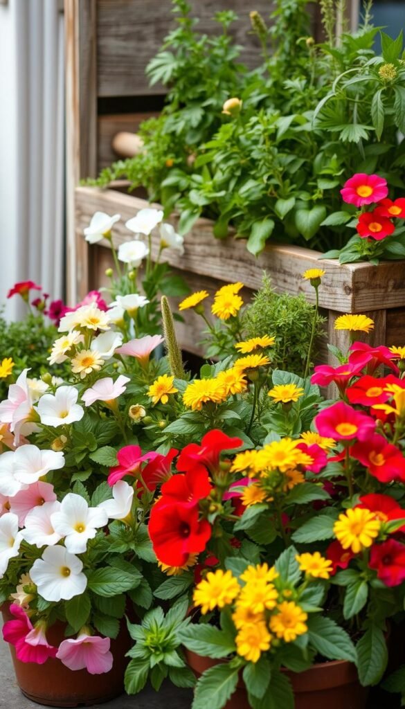 A lush spring container garden, overflowing with vibrant blooms and verdant foliage. In the foreground, a variety of potted flowers - delicate pastel petunias, bold crimson geraniums, and cheerful yellow marigolds - create a captivating color palette. Behind them, a mix of herbs and leafy greens, their verdant hues complementing the florals. In the background, a weathered wooden planter box, its rustic charm adding warmth to the scene. Soft, diffused light bathes the entire arrangement, casting gentle shadows and highlighting the textures of the plants. The overall atmosphere is one of tranquility and renewed energy, capturing the essence of the benefits of container gardening for urban spaces.