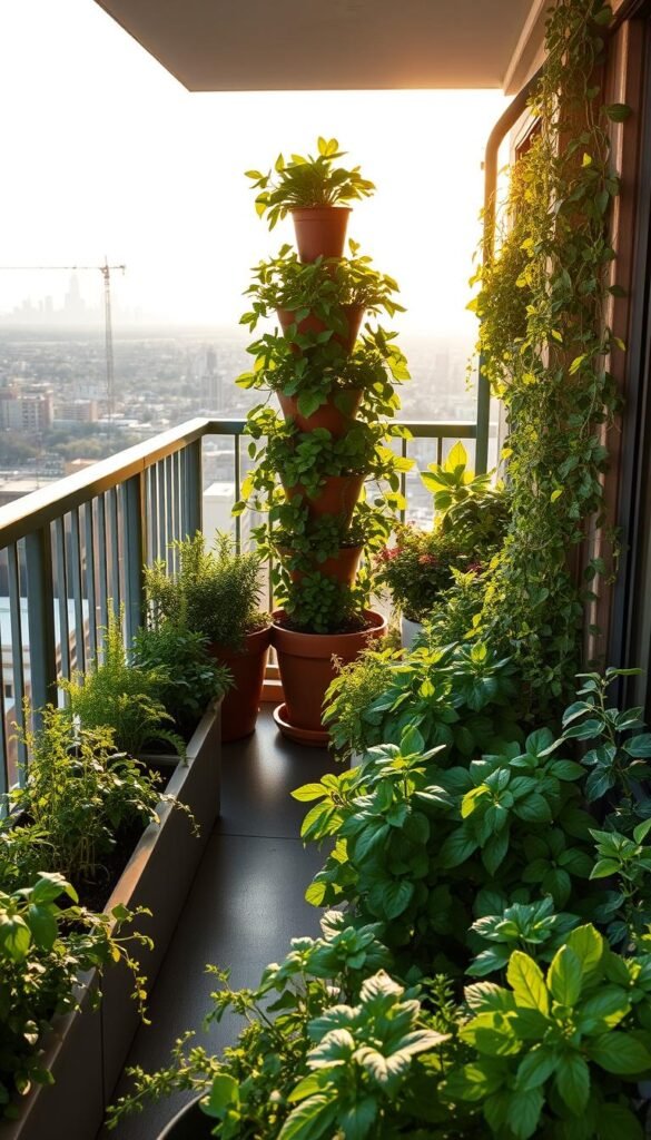 A lush, sun-drenched balcony garden, meticulously planned with an eye for efficient use of space. In the foreground, neatly arranged planters overflow with vibrant herbs, leafy greens, and cascading vines. A mid-ground feature showcases a vertical garden, its tiers of potted plants creating a verdant, tiered centerpiece. The background reveals a panoramic view of the city skyline, softened by the warm glow of golden hour light. The overall scene radiates a sense of tranquility and urban oasis, inviting the viewer to envision the potential of their own compact outdoor space.