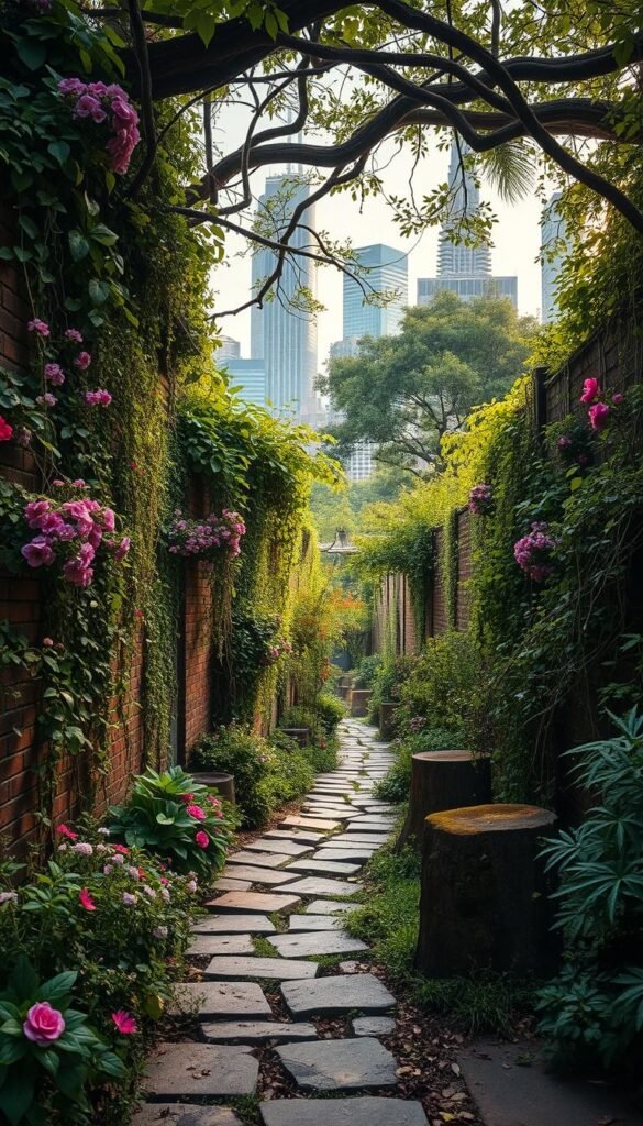 A lush, unkempt urban oasis with tangled greenery and vibrant blooms spilling over weathered brick walls. In the foreground, a riot of wildflowers, ferns, and trailing vines create a verdant tapestry. Mid-ground, a winding stone path meanders through overgrown shrubs and mossy tree stumps. In the background, towering skyscrapers peek through a canopy of twisted branches, casting dramatic shadows that dance across the scene. Soft, warm lighting filters through the foliage, imbuing the whole with a sense of enchanting, untamed beauty. Convey a harmonious chaos, where nature has triumphantly reclaimed its place in the concrete jungle.