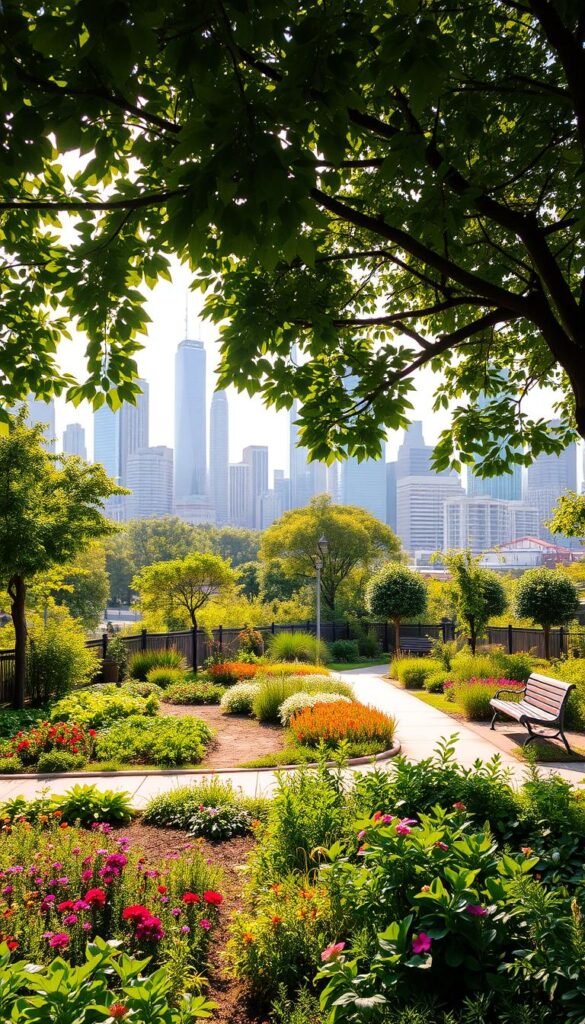 A lush urban green space, once a neglected lot, now transformed into a vibrant oasis. In the foreground, a thriving community garden bursting with colorful flora - lush vegetable patches, fragrant flowers, and towering fruit trees. The middle ground showcases a meandering path lined with benches, encouraging visitors to pause and bask in the serene atmosphere. In the background, the towering skyscrapers of the city skyline provide a striking contrast, hinting at the harmony between nature and the urban landscape. Soft, warm lighting filters through the canopy of leaves, casting a serene glow over the scene. A sense of tranquility and renewal permeates the air, inspiring hope and a connection to the natural world, even in the heart of the bustling city.