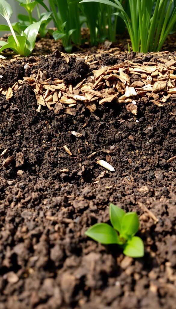 A lush, verdant garden bed showcases the layers of a thriving soil foundation. In the foreground, rich, crumbly compost is meticulously tilled into the earth, its dark, nutrient-dense composition visible. Atop this, a thick, nourishing layer of organic mulch covers the soil, its earthy hues and textures creating a visually appealing and functional groundcover. In the middle ground, the carefully cultivated soil provides a sturdy, well-draining base for the plants to take root, its texture a harmonious blend of sand, silt, and clay. Soft, diffused lighting from the side illuminates the scene, casting subtle shadows and highlighting the intricate details of the soil, compost, and mulch. The overall composition conveys a sense of balance, fertility, and the foundation for a thriving, small-space garden.