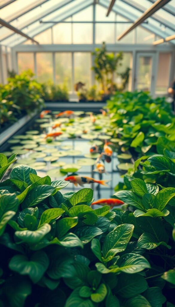 A lush, verdant garden in an aquaponic system, showcasing the synergistic growth of plants and fish. The foreground features vibrant, thriving hydroponically-grown leafy greens, their leaves glistening with water droplets under the warm, diffused light of the greenhouse. In the middle ground, healthy aquatic plants and floating lily pads adorn a crystal-clear pond, where schools of colorful koi and other freshwater fish gracefully swim. The background depicts a modern, minimalist greenhouse structure with large windows, allowing ample natural light to flood the scene and creating a serene, harmonious atmosphere that embodies the principles of aquaponic gardening.