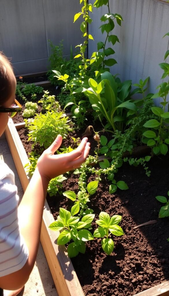 A lush, verdant garden plot nestled in an urban setting, its soil-filled raised beds bathed in warm, golden sunlight. In the foreground, a person crouched down, hand outstretched, carefully assessing the light intensity and direction, evaluating the optimal placement for a variety of thriving plants. The middle ground showcases a mix of leafy greens, vibrant flowers, and trailing vines, their leaves gently swaying in a light breeze. The background features a concrete wall or building, providing a stark contrast to the living, breathing oasis. A serene, contemplative atmosphere pervades the scene, inviting the viewer to consider the potential for transforming even the most urban of spaces into a flourishing, nature-filled sanctuary.