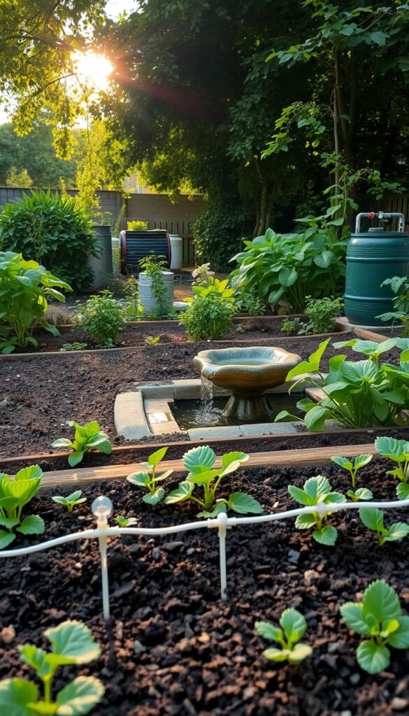A lush, verdant garden scene showcasing various soil and water management techniques. In the foreground, a raised garden bed with rich, dark soil and a drip irrigation system watering the thriving plants. In the middle ground, a small water feature - a simple, elegantly designed fountain that recirculates the water. The background features a well-tended compost pile and a rain barrel system collecting precious rainwater. Warm, natural lighting filters through the leaves of surrounding trees, casting a gentle glow over the entire scene. The overall atmosphere conveys a sense of harmony, sustainability, and the nurturing embrace of nature within an urban setting.