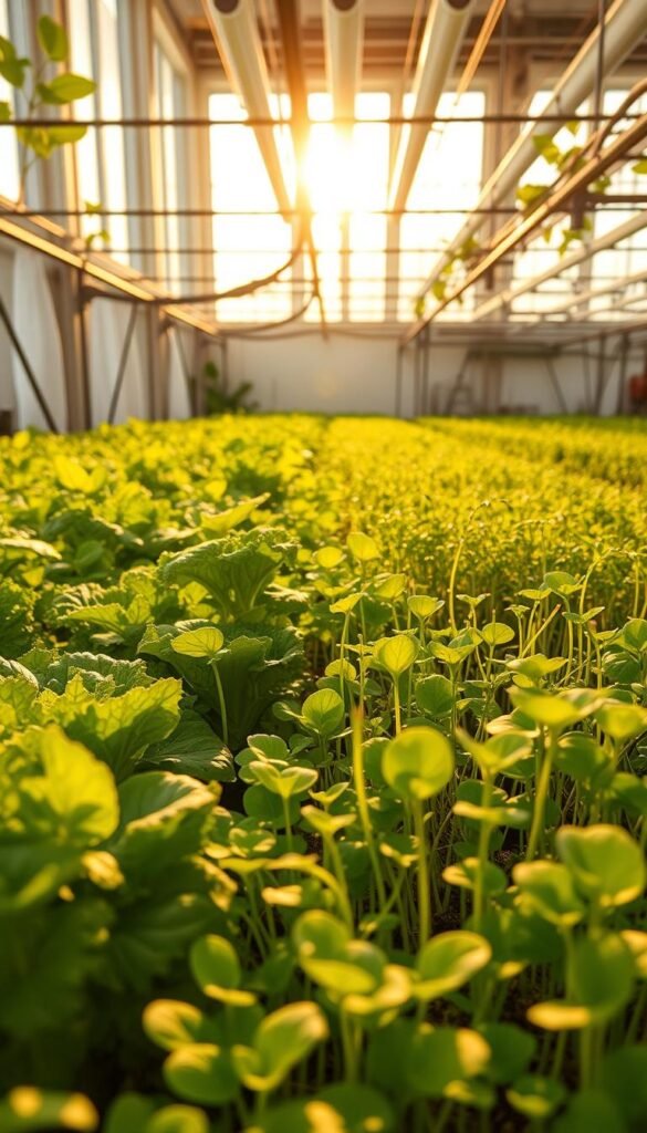 A lush, verdant hydroponic garden bursting with rapid growth, illuminated by warm, golden sunlight filtering through large windows. In the foreground, thriving lettuce, kale, and basil plants reach skyward, their leaves lush and vibrant. The middle ground features a variety of sprouting herbs and microgreens, their stems and foliage a symphony of color. In the background, a complex network of nutrient-rich water channels, tubing, and grow lights create an immersive, high-tech environment. The overall scene conveys a sense of abundance, efficiency, and the boundless potential of hydroponic cultivation.