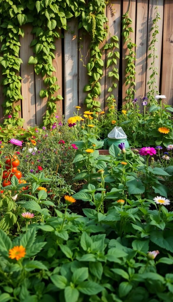 A lush, verdant square foot garden with perfectly paired companion plants flourishing in the foreground. In the middle ground, heirloom tomato plants, fragrant herbs, and vibrant flowers create a harmonious tapestry. The background features a rustic wooden fence adorned with cascading vines, casting a warm, natural glow over the entire scene. Soft, directional lighting illuminates the intricate details of the plants, showcasing their vibrant colors and textures. The composition is balanced, with a sense of order and intentionality, reflecting the principles of companion planting in a square foot garden.