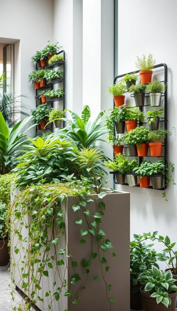 A lush, verdant urban oasis showcasing a variety of vertical gardening solutions. In the foreground, an assortment of thriving potted plants cascading down the sides of a modern, minimalist planter. Trailing vines and leafy greens spill over the edges, creating a beautiful, living tapestry. In the middle ground, a sleek, wall-mounted modular system supports additional greenery, with carefully arranged plants and herbs in a mix of terracotta and metal containers. The background features a clean, contemporary architectural setting, with natural light filtering in through large windows, casting a warm, inviting glow over the scene. The overall atmosphere is one of harmony, sustainability, and the seamless integration of nature into an urban environment.