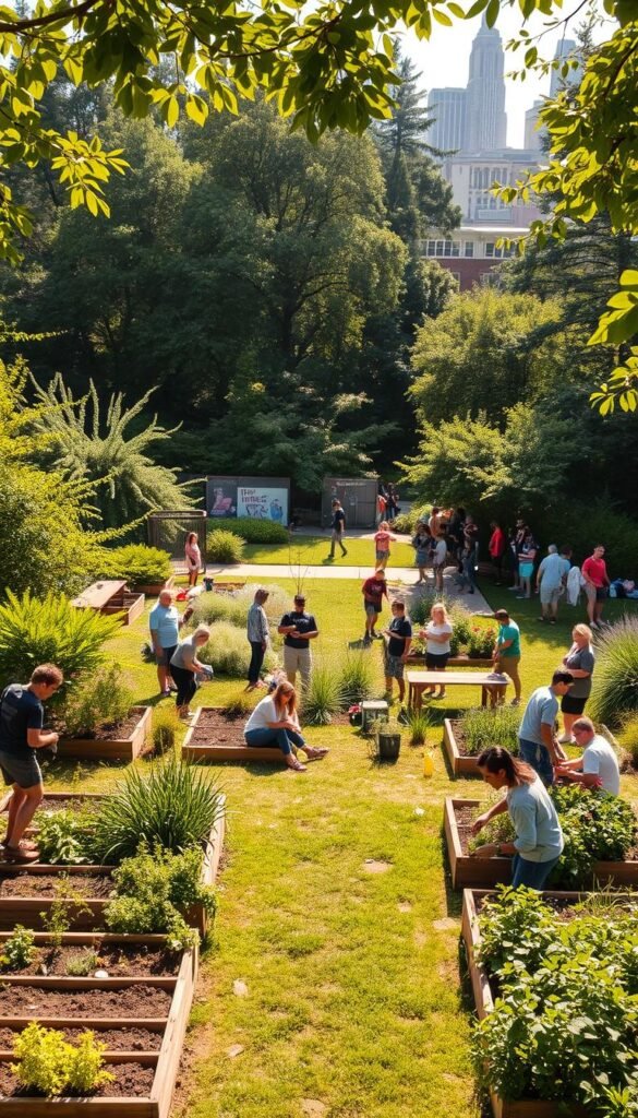 A lush, vibrant community green space, with people of diverse ages and backgrounds collaborating to cultivate a shared oasis in the heart of the city. The foreground features a group of volunteers tending to raised garden beds, planting vegetables and flowers. The middle ground showcases a central gathering area with picnic tables and public art installations, surrounded by thriving native shrubs and trees. In the background, the urban skyline is visible, a testament to the transformation of a once-neglected lot into a verdant, inclusive haven. Warm, natural lighting filters through the canopy, casting a serene glow over the scene. The overall atmosphere conveys a sense of community empowerment, environmental stewardship, and the power of collective action to revitalize forgotten spaces.