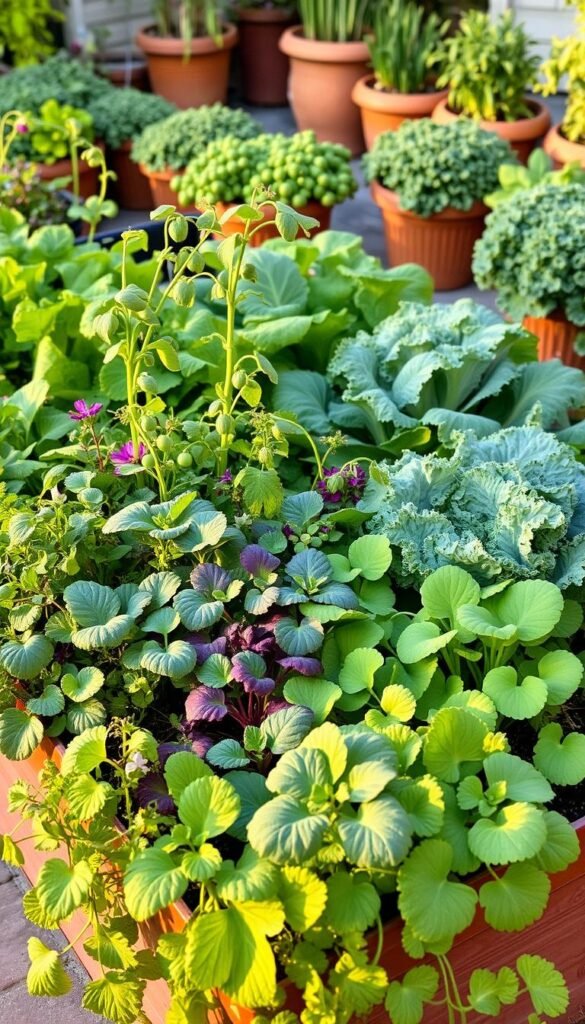 A lush, vibrant container garden overflowing with cut-and-come-again crops. In the foreground, a raised planter box features an array of leafy greens, herbs, and edible flowers, their leaves rustling gently in a soft breeze. The middle ground showcases trailing vines of pea plants and bushy kale plants, their leaves unfurling towards the sun. In the background, a collection of terracotta pots hold additional greens, all bathed in the warm, golden glow of a late afternoon sun. The scene exudes a sense of abundance, sustainability, and the joy of continuous harvests from a compact urban oasis.