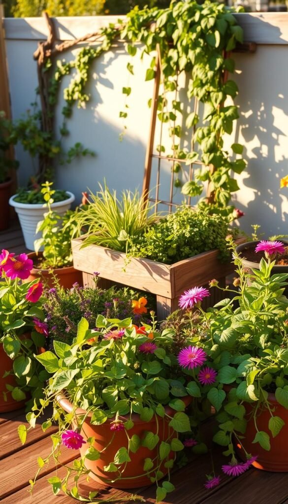 A lush, vibrant container garden resting on a wooden patio, bathed in warm, golden afternoon light. In the foreground, a mix of leafy greens, trailing vines, and brightly colored flowers spill out of a variety of planters and pots of varying shapes and sizes. The middle ground showcases a small, rustic planter box overflowing with fragrant herbs. In the background, a simple trellis supports a climbing vine, casting soft shadows. The overall scene exudes a sense of tranquility and beauty, inviting the viewer to imagine the joys of cultivating a thriving container garden.