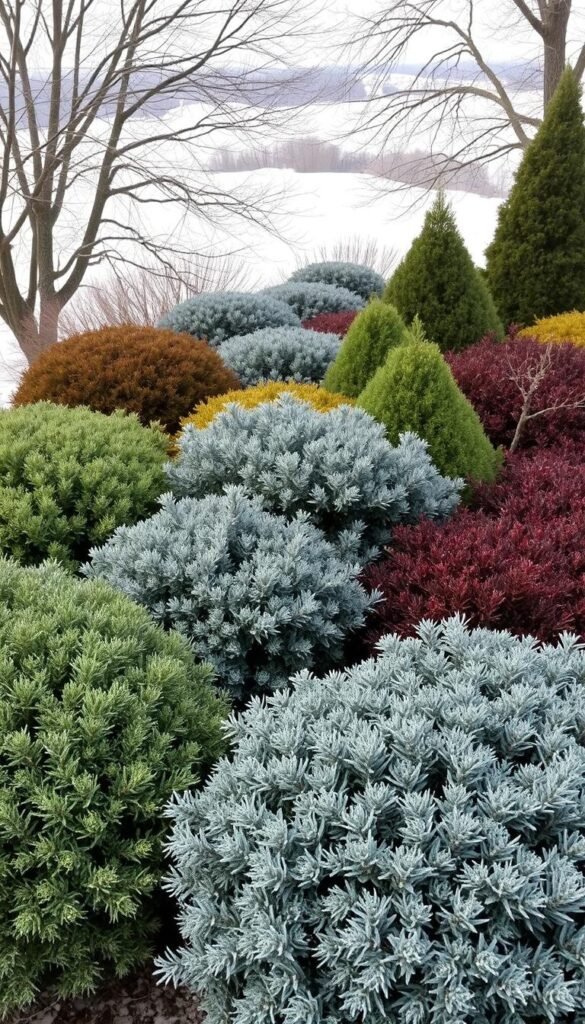 A lush, vibrant display of cold-hardy evergreen shrubs in a serene winter garden setting. In the foreground, a variety of textured foliage in shades of deep green, silvery blue, and rich burgundy, their shapes and sizes creating a harmonious tapestry. The middle ground features a mix of compact, mounding shapes and taller, upright forms, casting long shadows under the soft, diffused light of an overcast day. In the background, a neutral palette of bare tree branches and a gently undulating snowy landscape, providing a tranquil backdrop to showcase the resilience and beauty of these evergreen wonders. The overall composition conveys a sense of cozy seclusion and the enduring spirit of nature during the colder months.