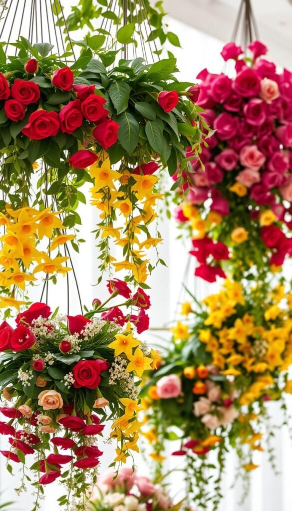 A lush, vibrant display of hanging floral arrangements cascading down against a bright, airy backdrop. Verdant foliage and abundant blooms in a spectrum of colors - crimson roses, sunny daffodils, delicate baby's breath - arranged in graceful, organic compositions. Soft, diffused natural lighting gently illuminates the scene, casting gentle shadows and highlights the intricate details of the flowers. The overall atmosphere is one of warmth, beauty, and an uplifting celebration of nature's bounty, perfectly suited to showcase the joyful and colorful container gardening flowers that brighten any space.