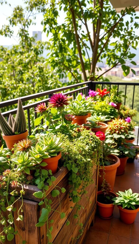 A lush, vibrant selection of container plants arranged on a sun-dappled balcony. In the foreground, a variety of potted succulents and trailing vines cascade over the edge of a rustic wooden planter. The middle ground features an array of leafy greens and colorful blooms in terracotta pots, strategically placed to create a balanced, visually appealing composition. In the background, a backdrop of verdant foliage and a glimpse of the city skyline set the scene for an urban oasis. Warm, natural lighting filters through the scene, casting soft shadows and highlighting the textures and colors of the plants. The overall mood is one of tranquility and rejuvenation, inviting the viewer to imagine themselves tending to a thriving balcony garden.
