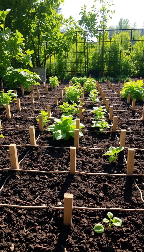 A meticulously planned square foot garden grid, its sections carefully demarcated with wooden dividers. The soil, rich and dark, invites the flourishing of diverse companion plants. Sunlight filters through a canopy of lush greenery, casting a warm, natural glow upon the scene. The grid's precise layout, a testament to the balance and harmony of the companion planting approach. Crisp shadows define the boundaries, guiding the eye through this carefully curated horticultural landscape. A sense of order and productivity pervades the image, inspiring the viewer to envision the bountiful harvest to come.