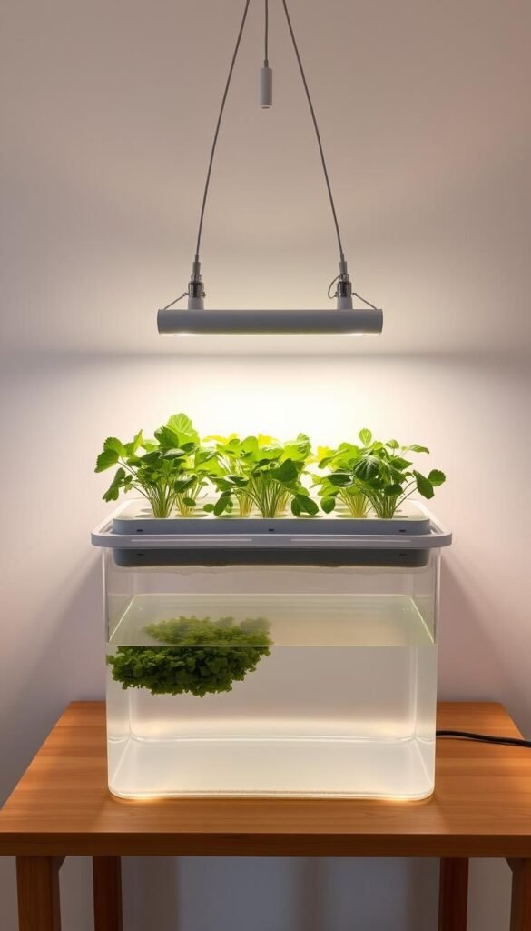A modern, well-lit hydroponic system standing on a wooden table. In the foreground, a transparent tank filled with water and a floating plant bed. In the middle, sturdy grow lights suspended overhead, casting a warm glow. In the background, a simple white wall provides a clean, minimalist backdrop. The system is arranged in a tidy, organized manner, showcasing the efficiency and simplicity of the Kratky method of hydroponic gardening. The overall scene conveys a sense of tranquility and control, inviting the viewer to imagine the joy of growing fresh, healthy produce at home.